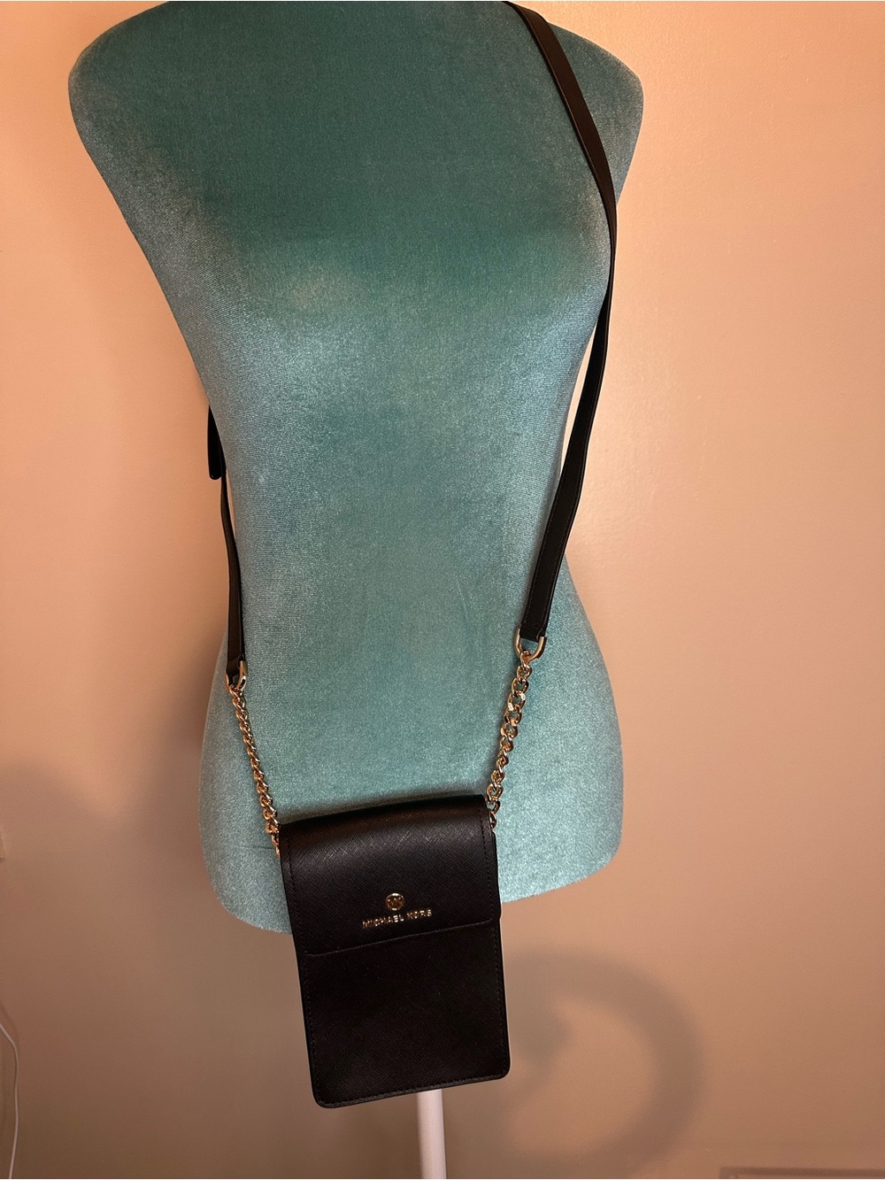 Michael Kors Black Leather Crossbody Phone Pouch with Gold Chain Strap